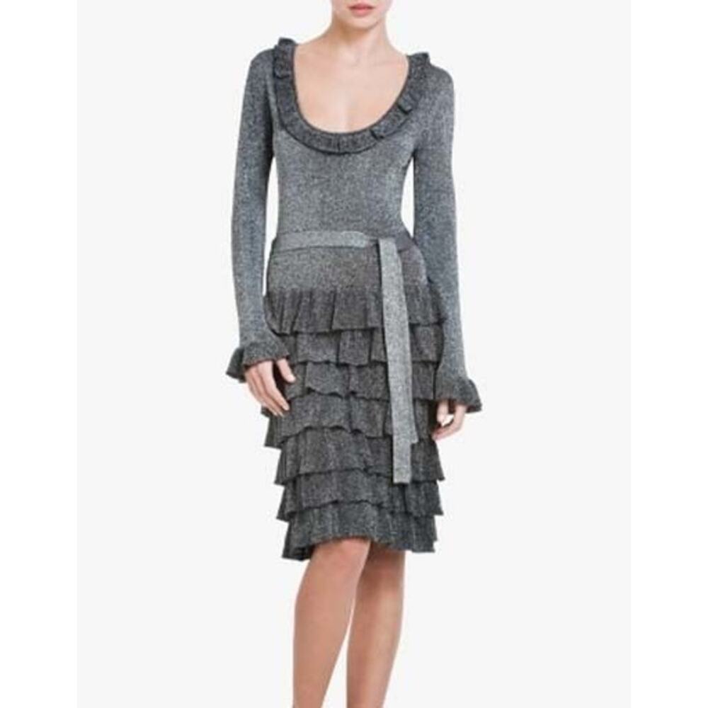 BCBGMaxAzria Metallic Gray Long Sleeve Ruffled Tiered Dress